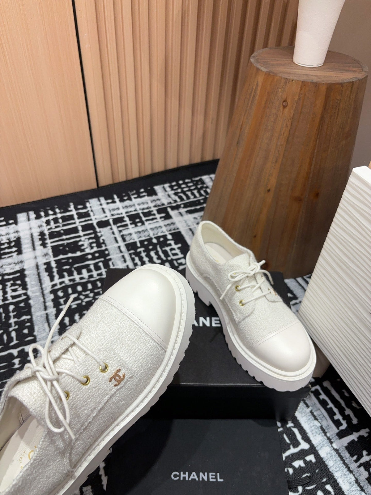 Chanel Oxford Shoes in White Tweed and Calfskin
