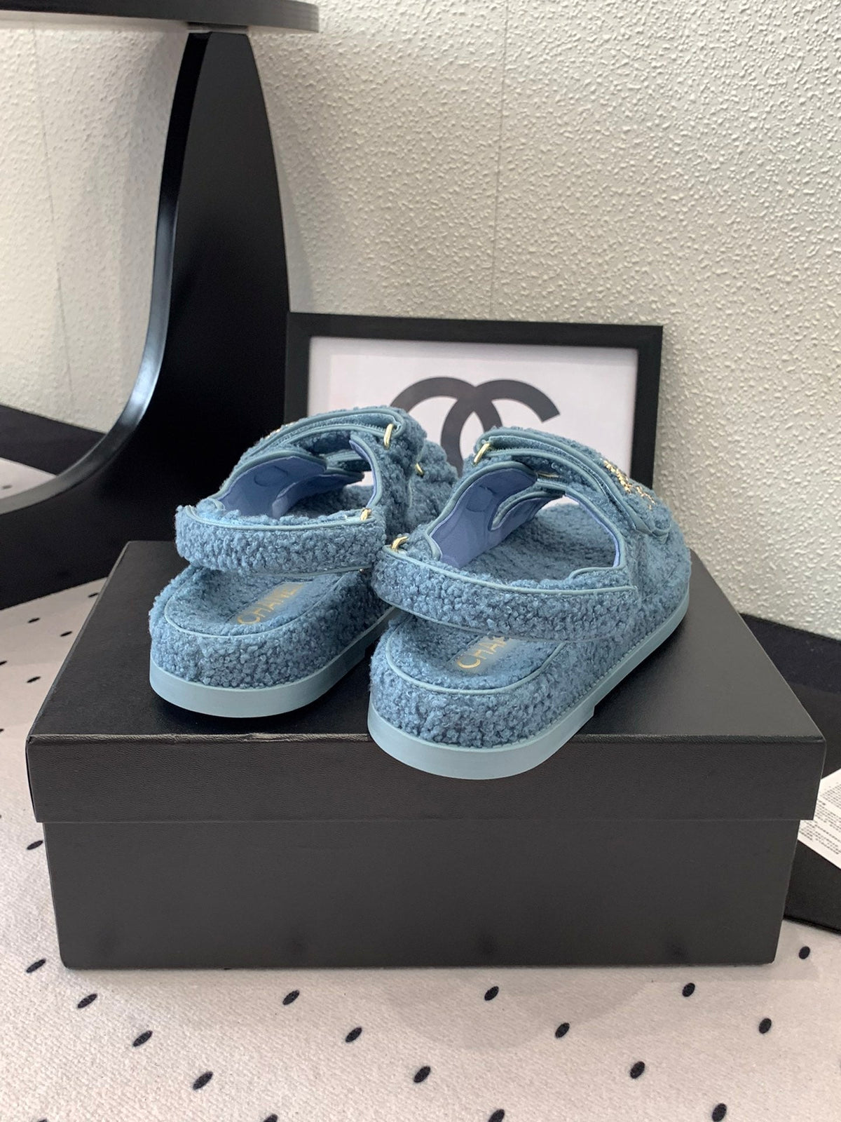 Chanel Dad Sandal Aegean Blue Lamb Fur