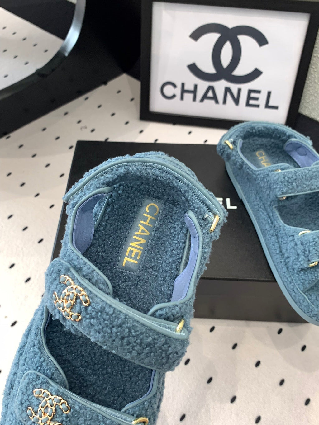 Chanel Dad Sandal Aegean Blue Lamb Fur