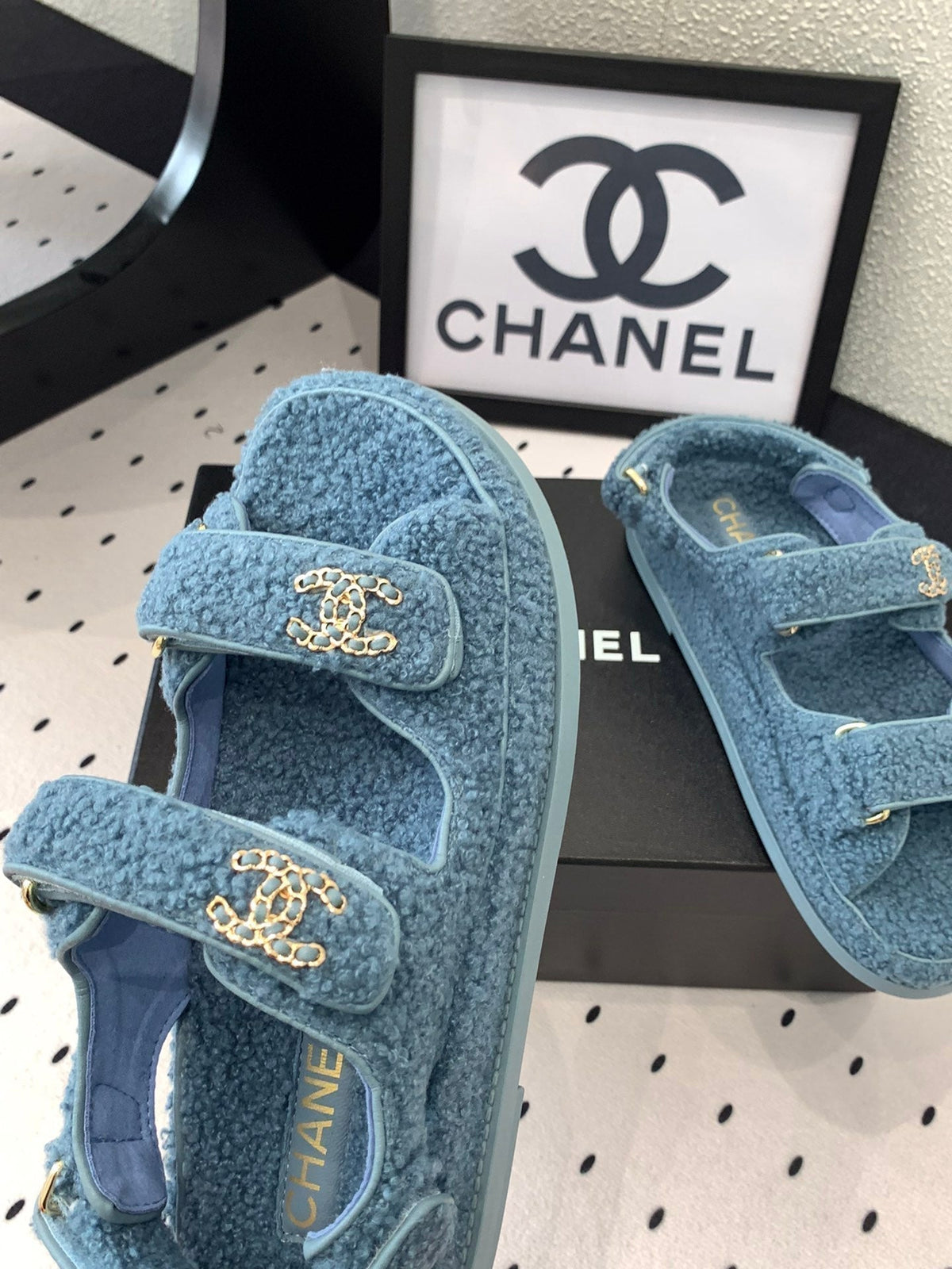 Chanel Dad Sandal Aegean Blue Lamb Fur