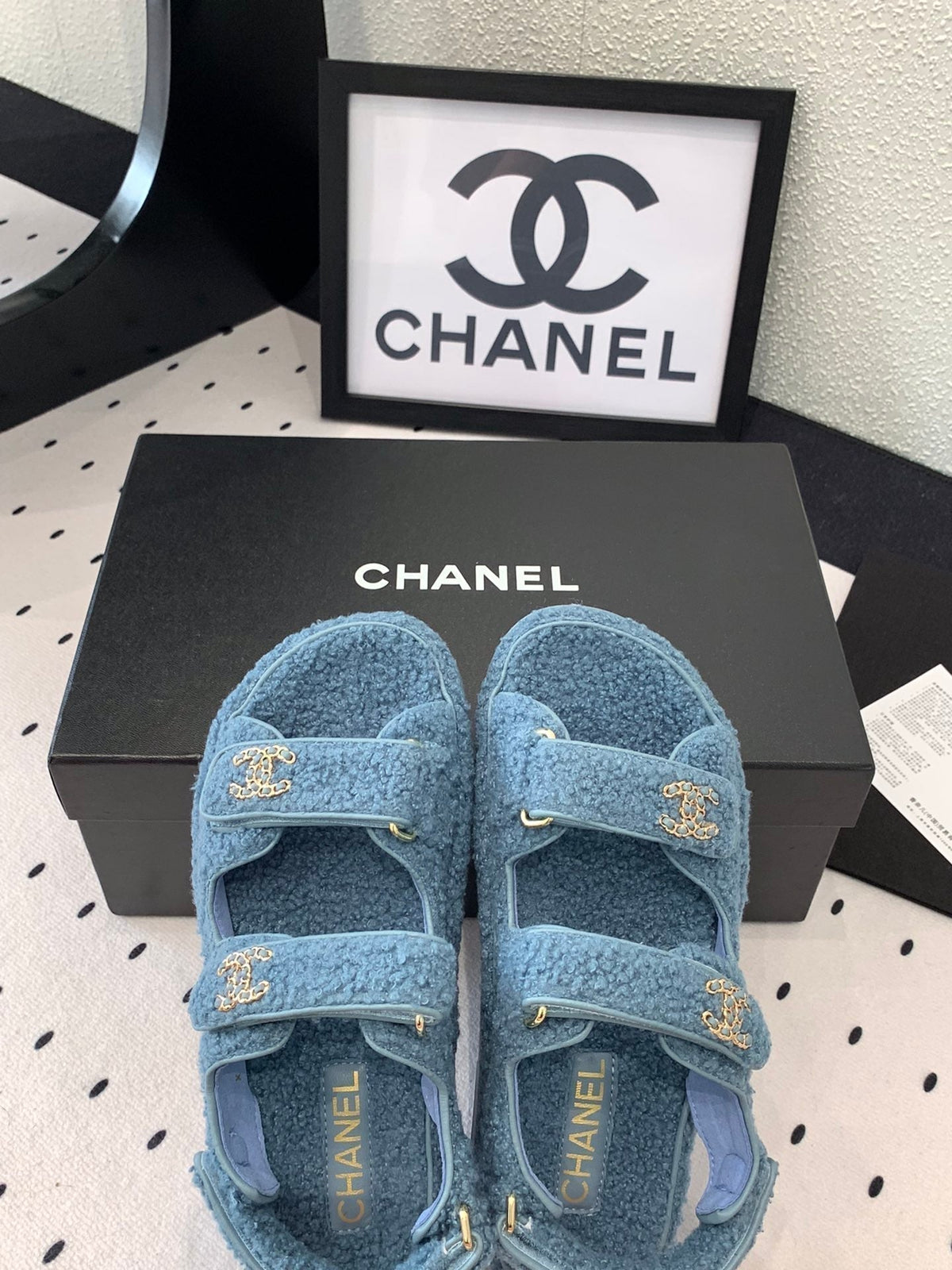 Chanel Dad Sandal Aegean Blue Lamb Fur