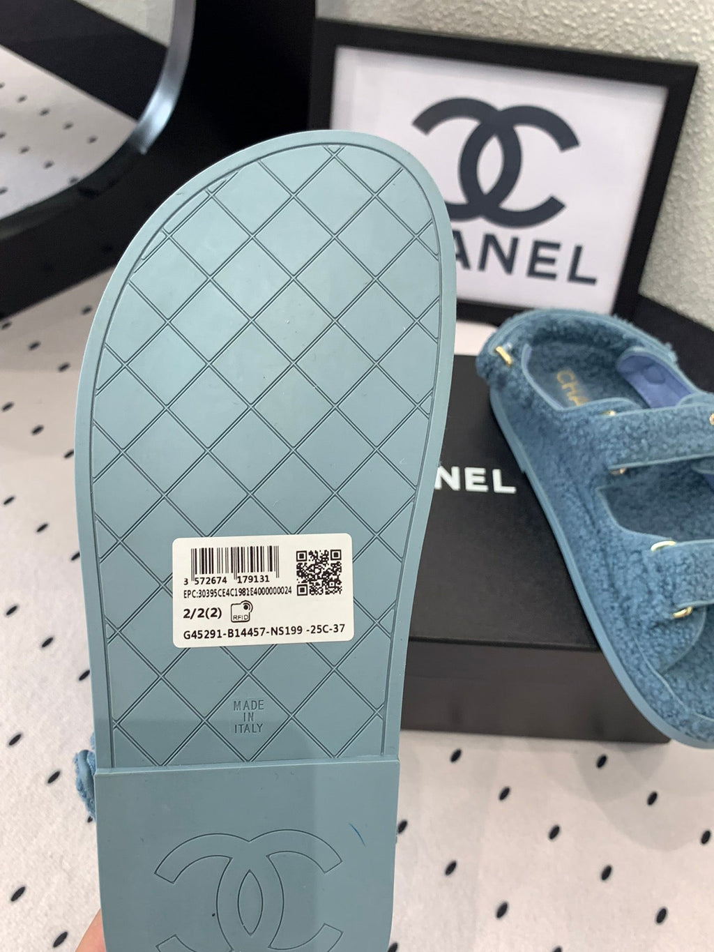 Chanel Dad Sandal Aegean Blue Lamb Fur