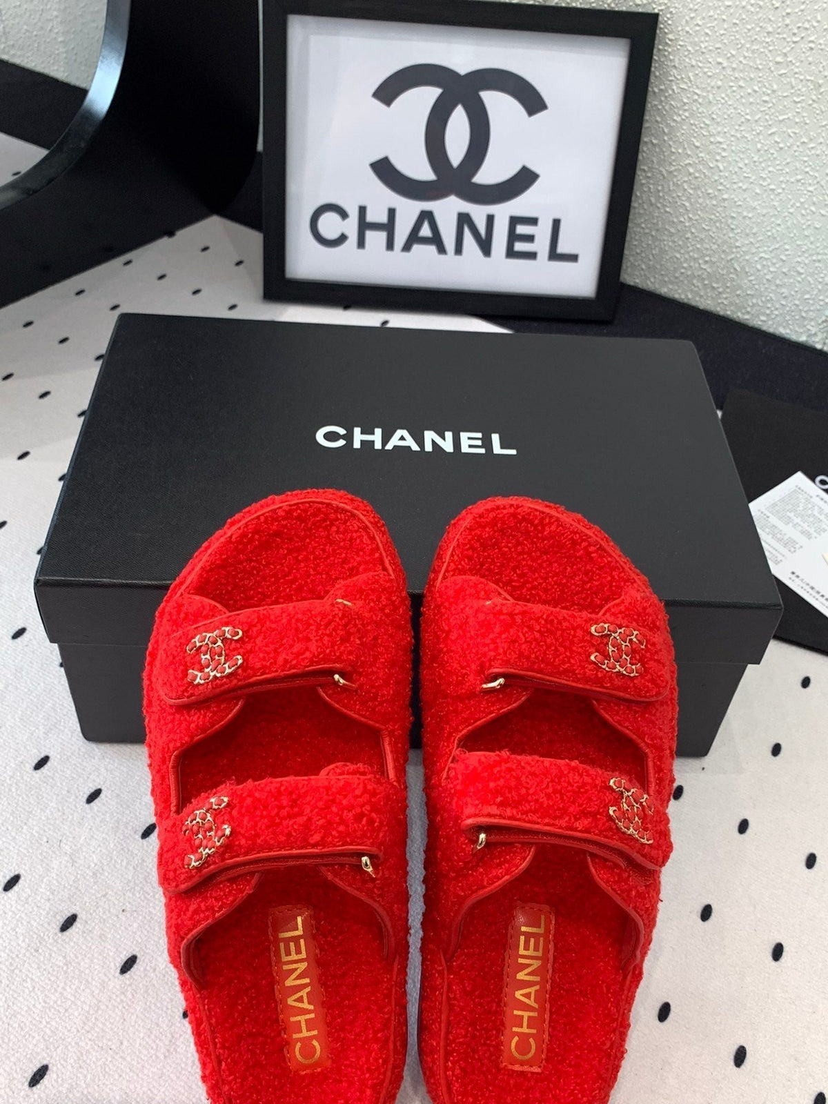 Chanel Dad Sandal Mule in Crimson Red Lamb Fur