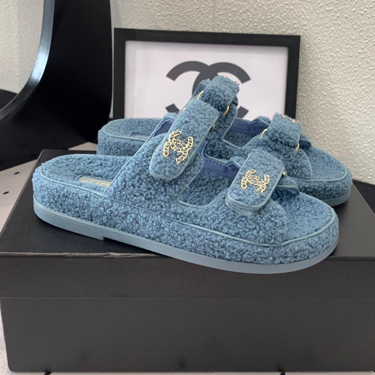 Chanel Dad Sandal Mule in Aegean Blue Lamb Fur