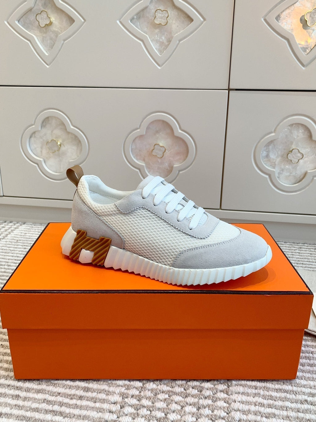 Hermes Bouncing Sneaker in White Graphic Mesh and Pastel Gray Suede