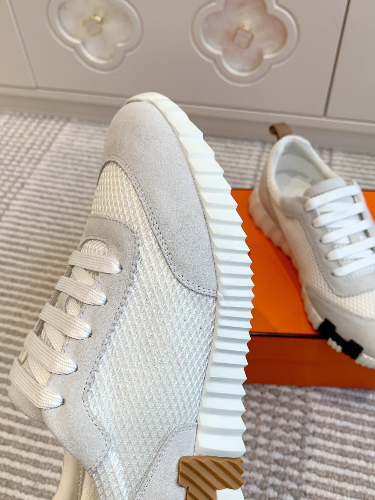 Hermes Bouncing Sneaker in White Graphic Mesh and Pastel Gray Suede