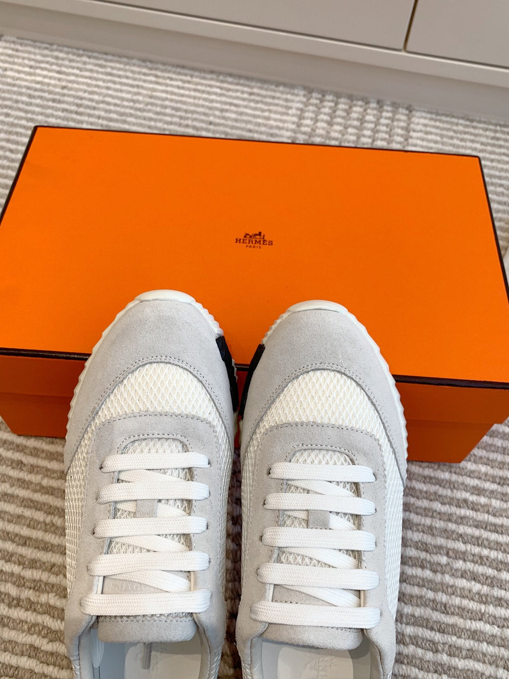 Hermes Bouncing Sneaker in White Graphic Mesh and Pastel Gray Suede
