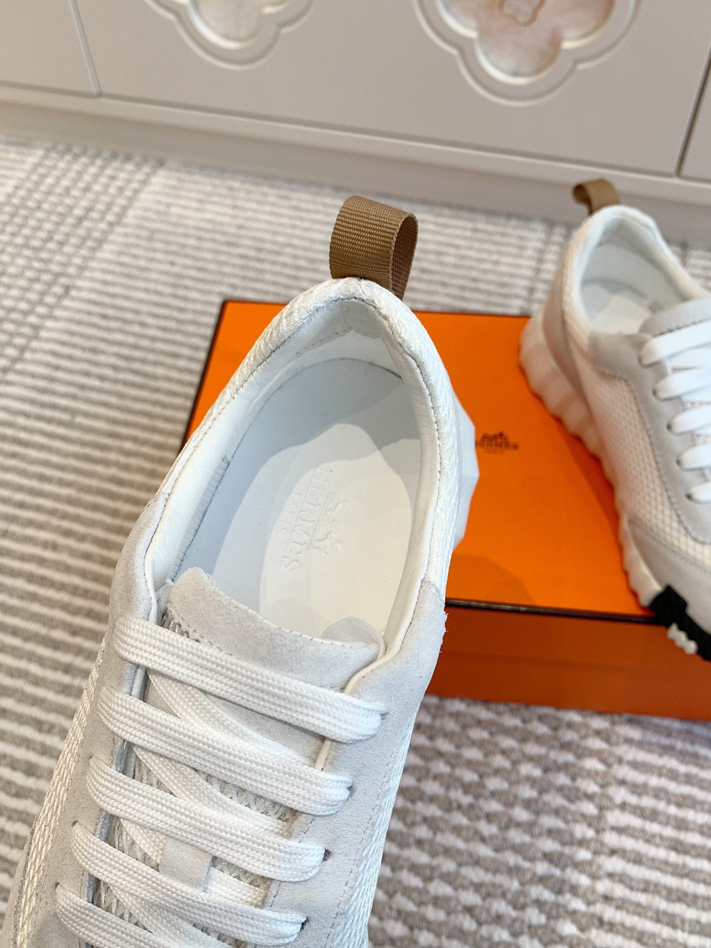 Hermes Bouncing Sneaker in White Graphic Mesh and Pastel Gray Suede