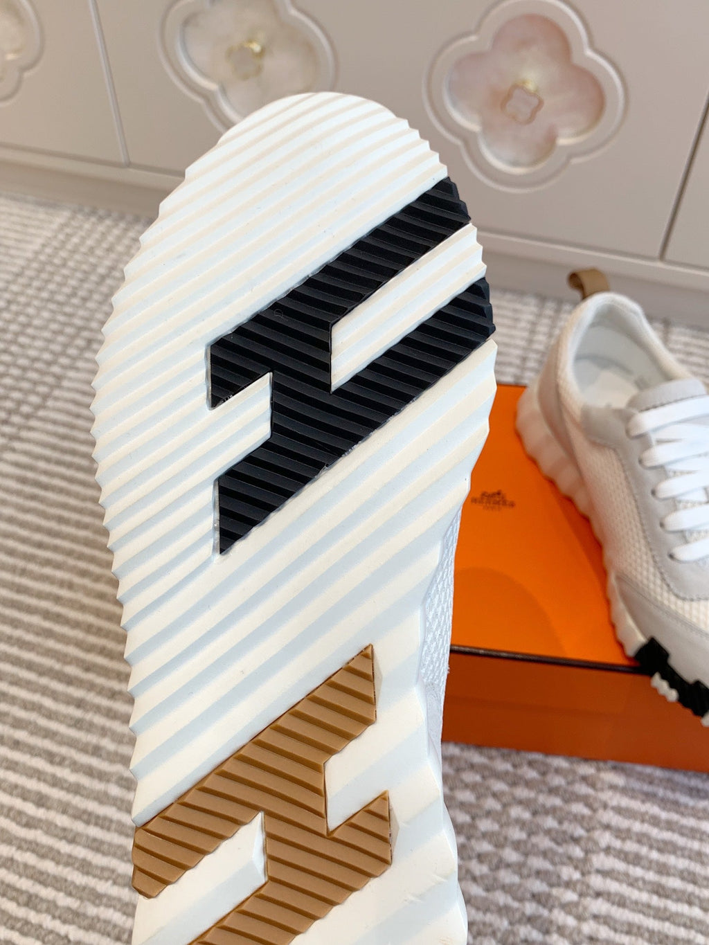 Hermes Bouncing Sneaker in White Graphic Mesh and Pastel Gray Suede