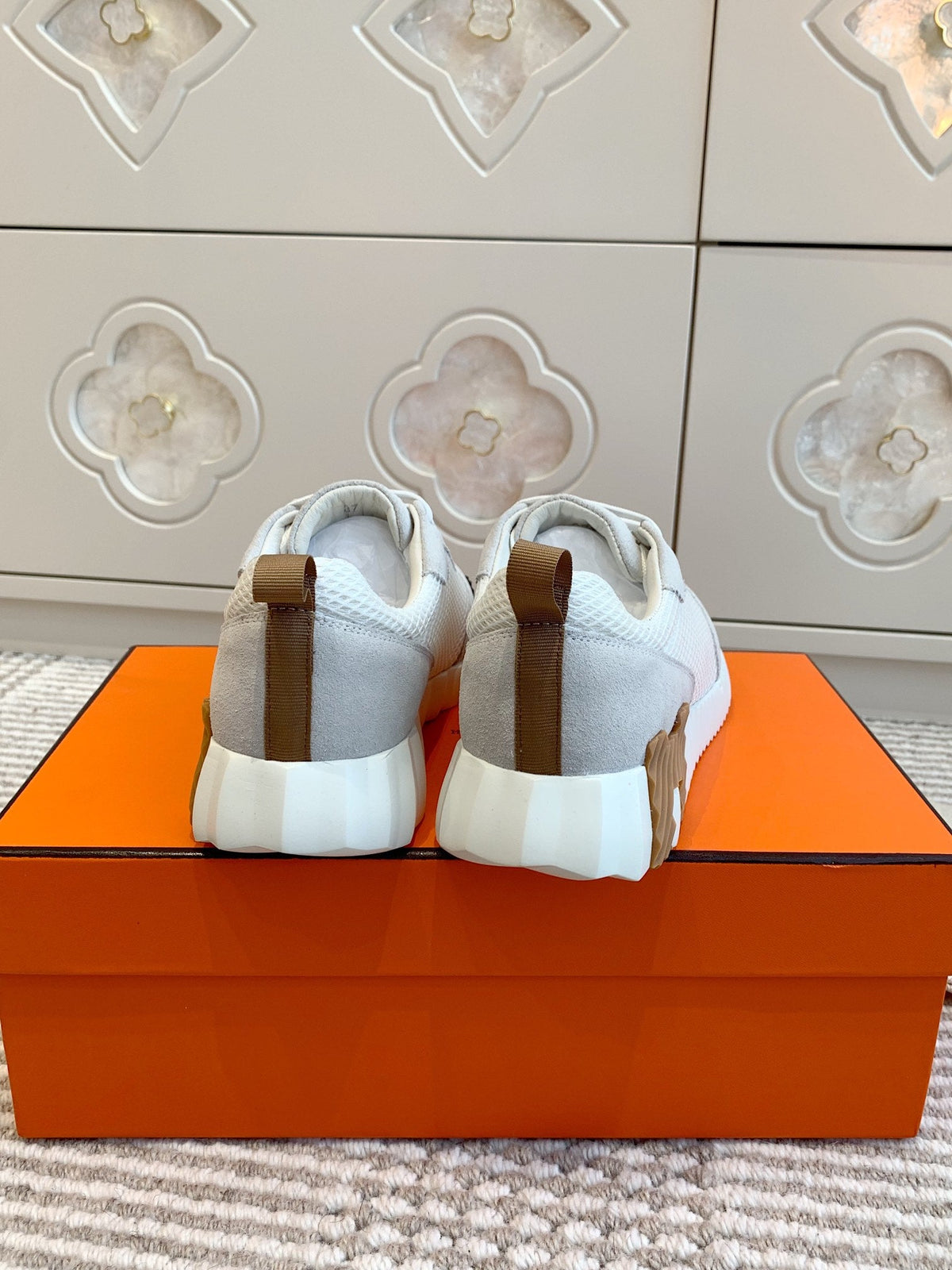 Hermes Bouncing Sneaker in White Graphic Mesh and Pastel Gray Suede