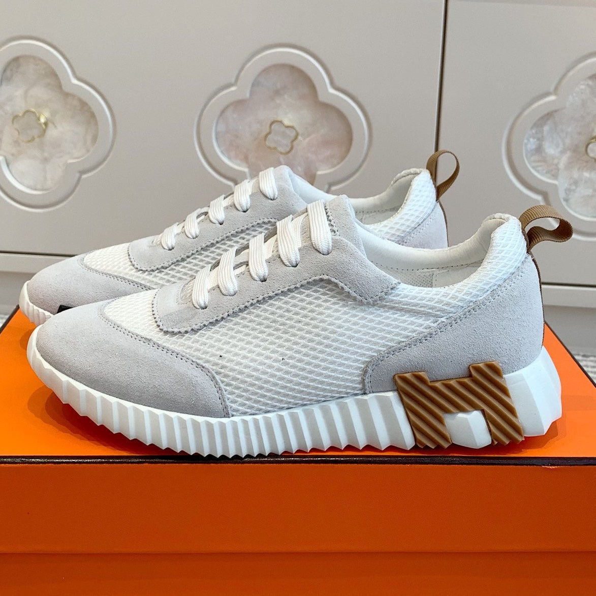Hermes Bouncing Sneaker in White Graphic Mesh and Pastel Gray Suede