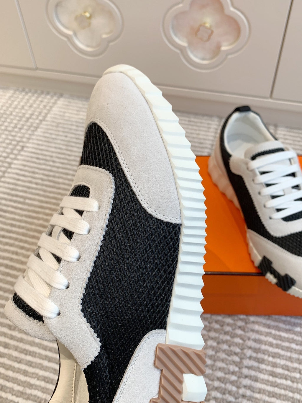 Hermes Bouncing Sneaker in Black Graphic Mesh and Pastel Gray Suede