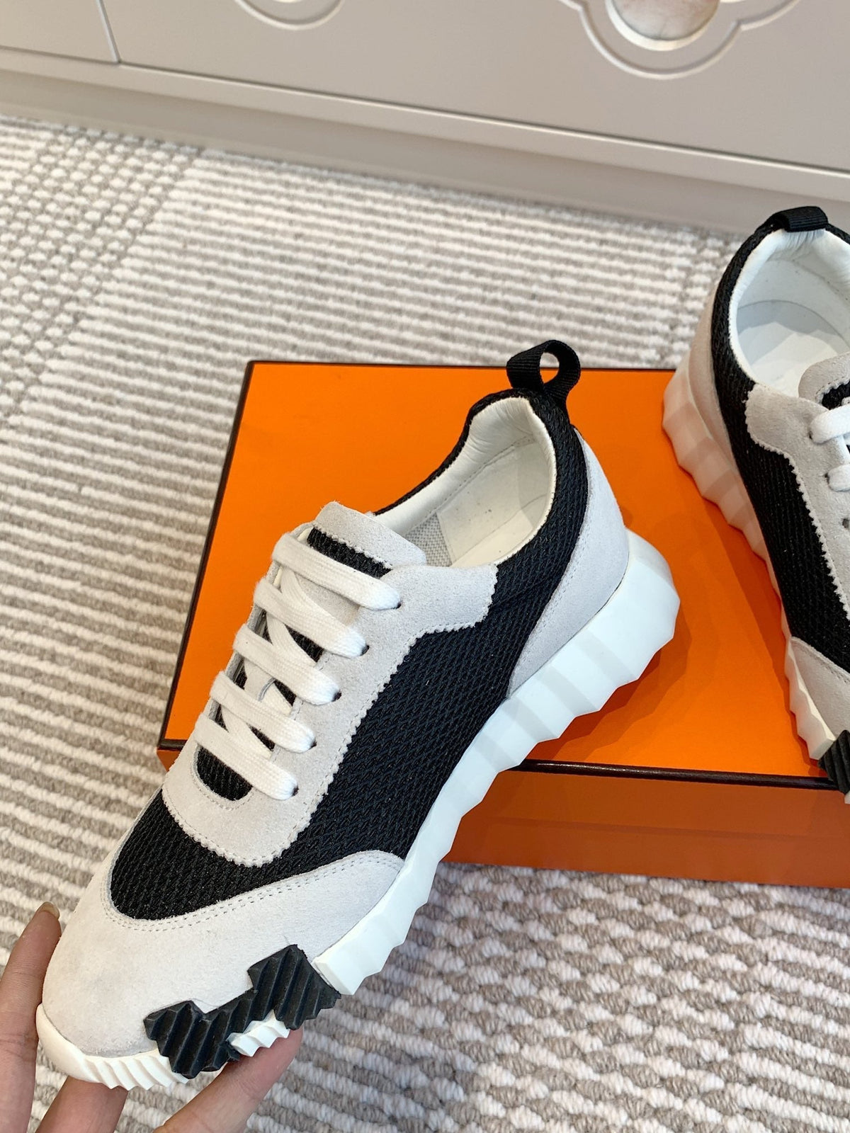Hermes Bouncing Sneaker in Black Graphic Mesh and Pastel Gray Suede