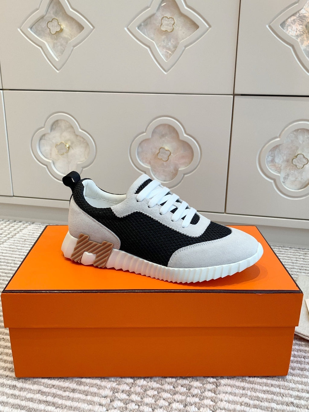 Hermes Bouncing Sneaker in Black Graphic Mesh and Pastel Gray Suede