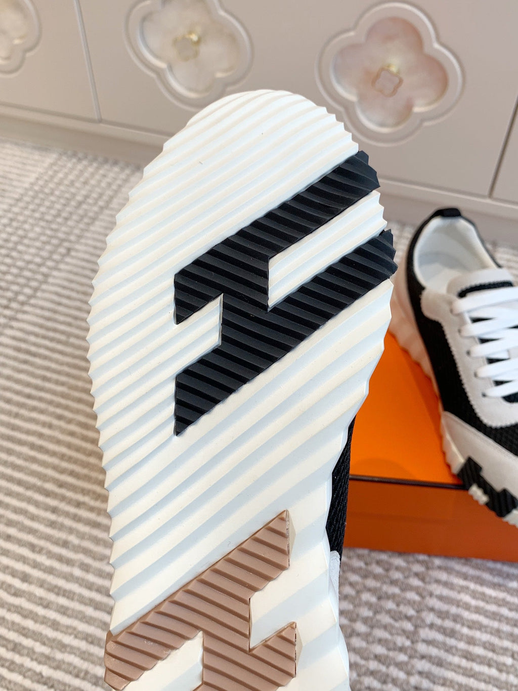 Hermes Bouncing Sneaker in Black Graphic Mesh and Pastel Gray Suede