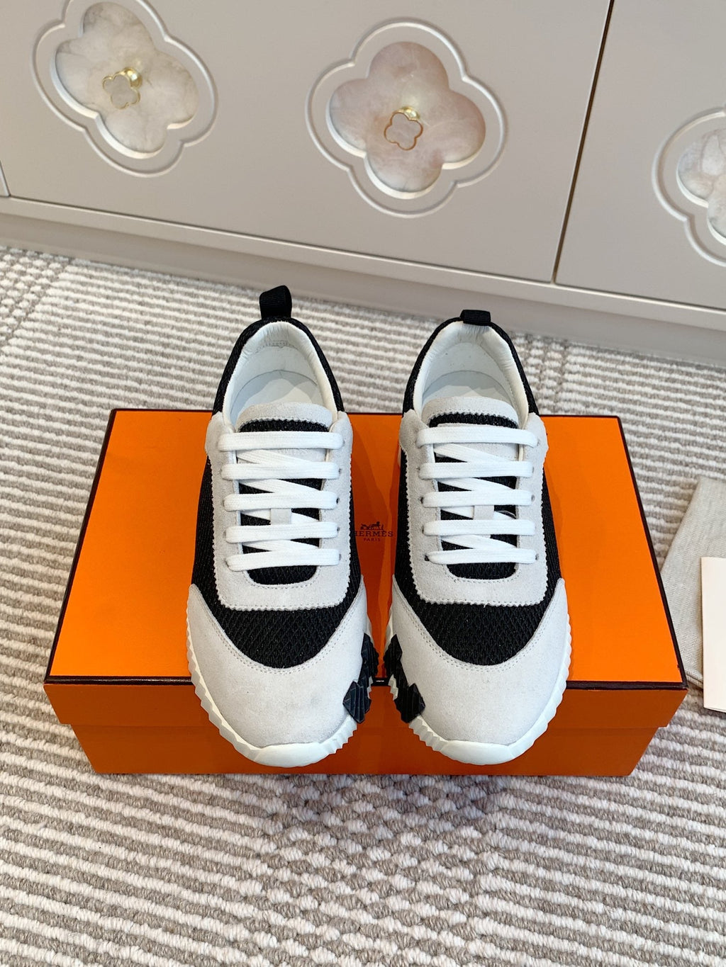 Hermes Bouncing Sneaker in Black Graphic Mesh and Pastel Gray Suede