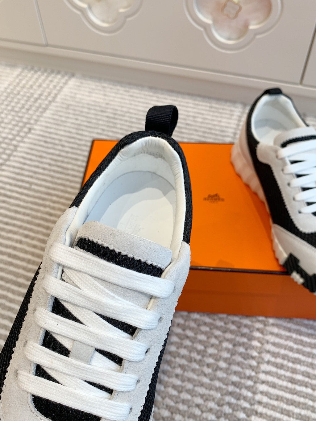 Hermes Bouncing Sneaker in Black Graphic Mesh and Pastel Gray Suede