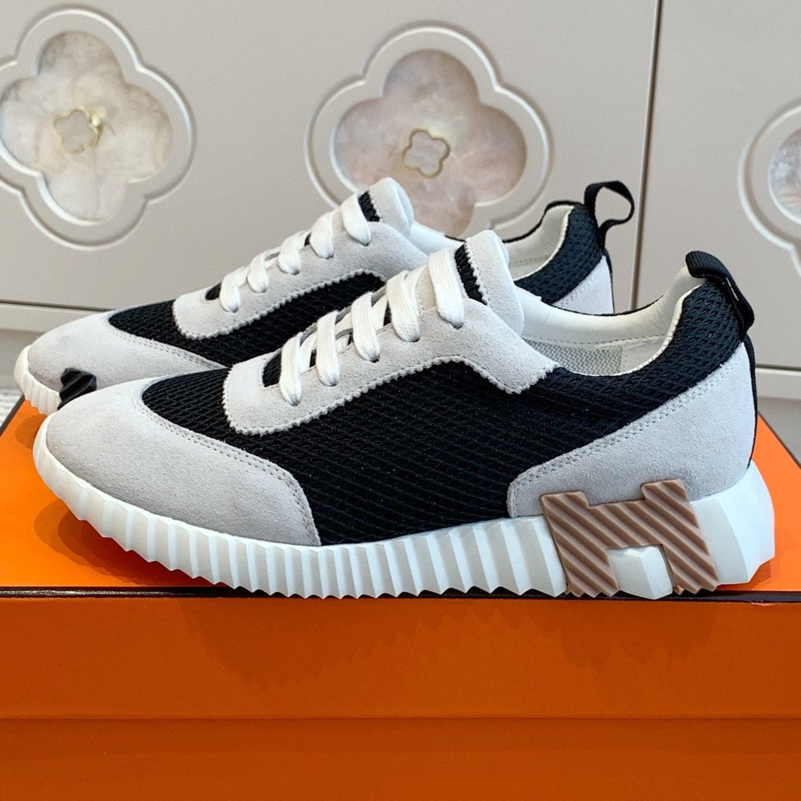 Hermes Bouncing Sneaker in Black Graphic Mesh and Pastel Gray Suede