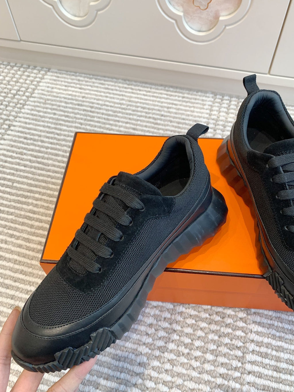 Hermes Bouncing Sneaker in Black Graphic Mesh and Calfskin