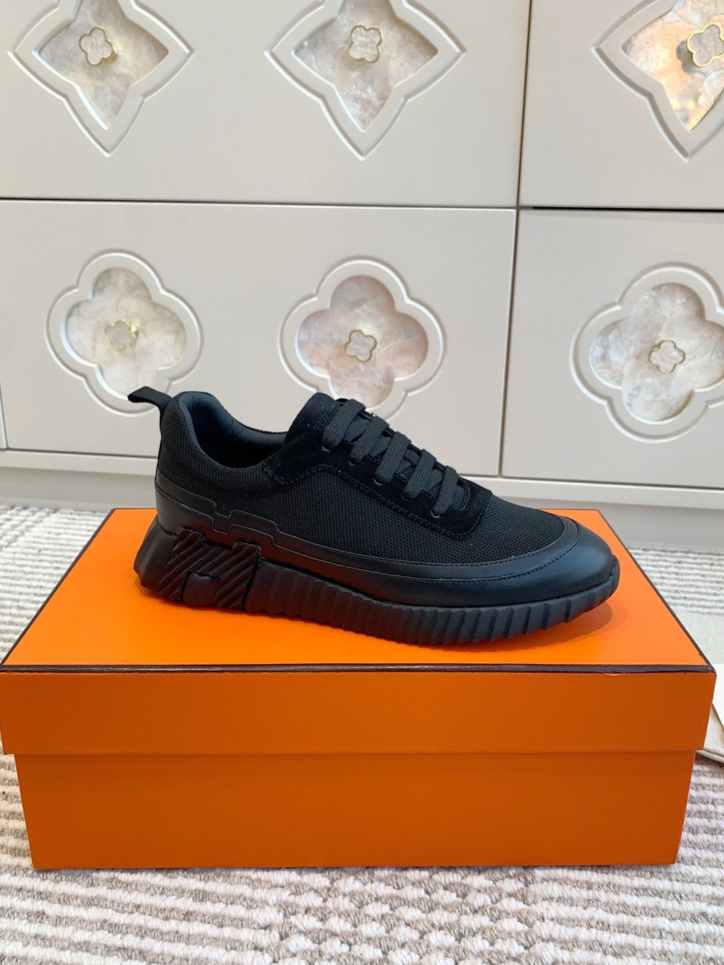Hermes Bouncing Sneaker in Black Graphic Mesh and Calfskin