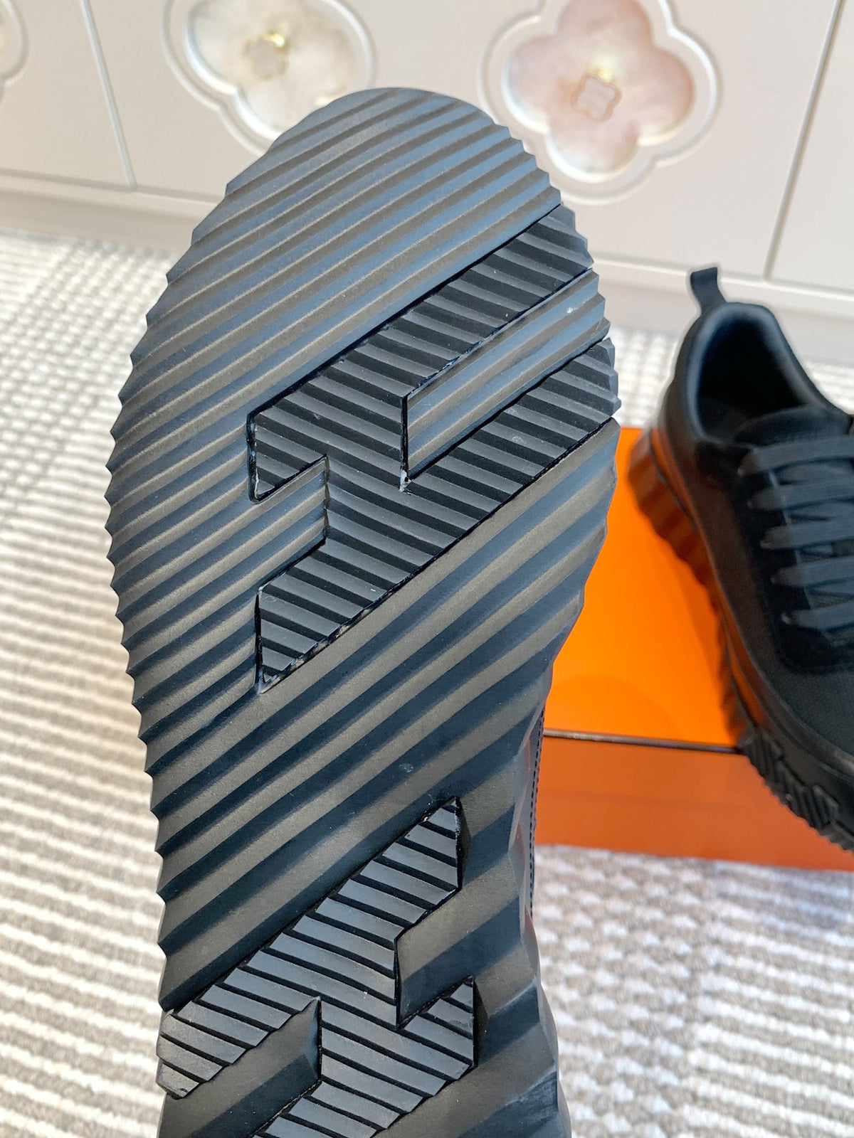 Hermes Bouncing Sneaker in Black Graphic Mesh and Calfskin