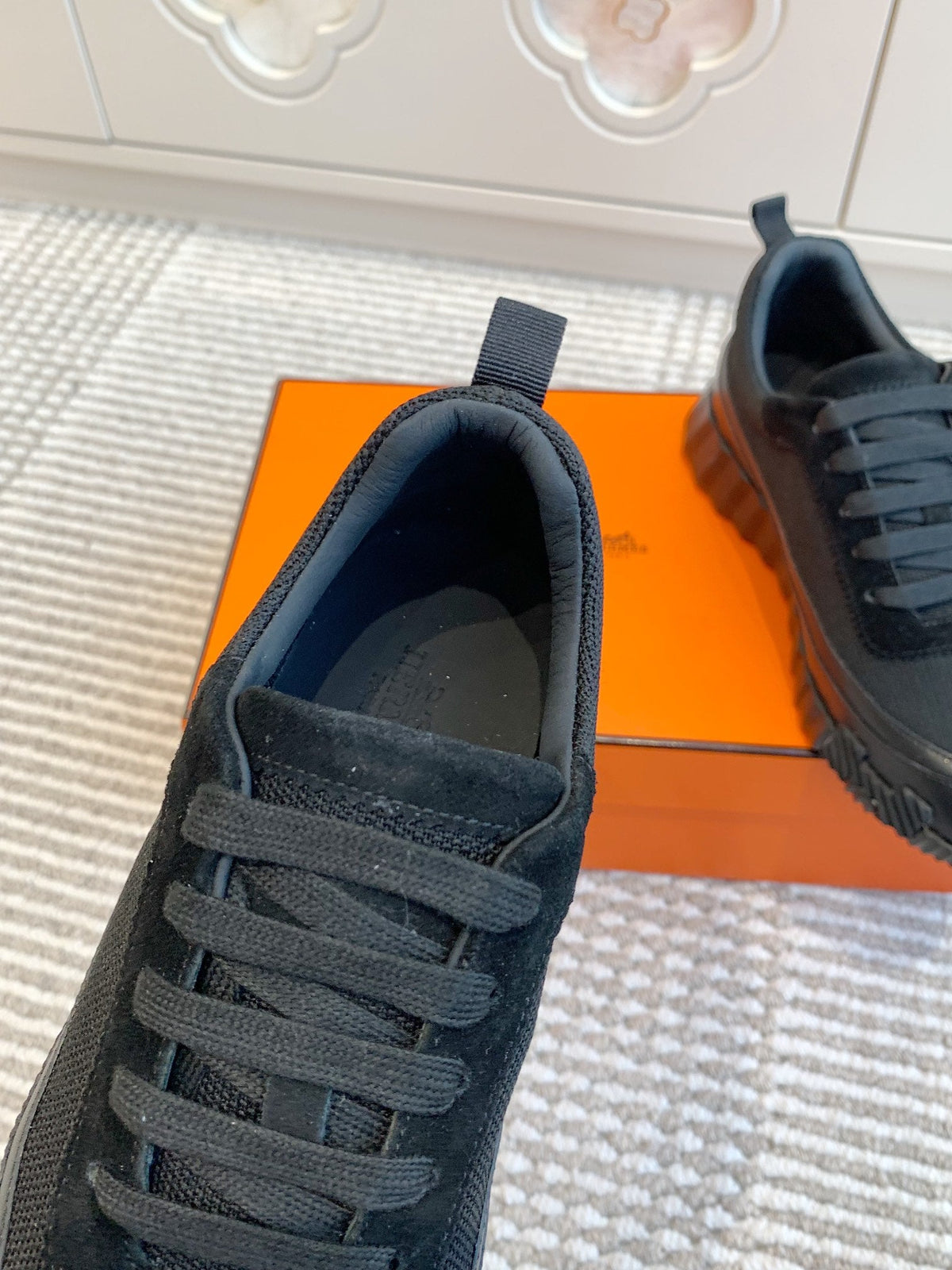 Hermes Bouncing Sneaker in Black Graphic Mesh and Calfskin