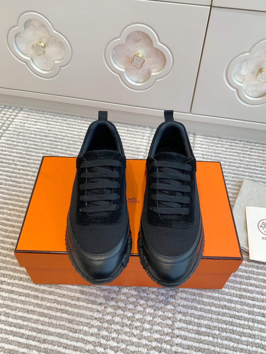 Hermes Bouncing Sneaker in Black Graphic Mesh and Calfskin