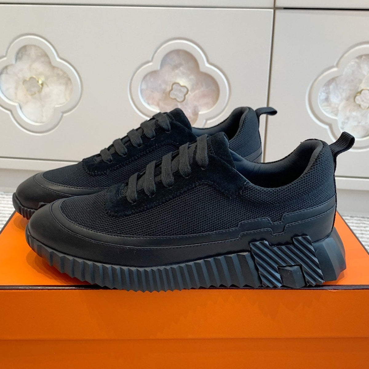 Hermes Bouncing Sneaker in Black Graphic Mesh and Calfskin