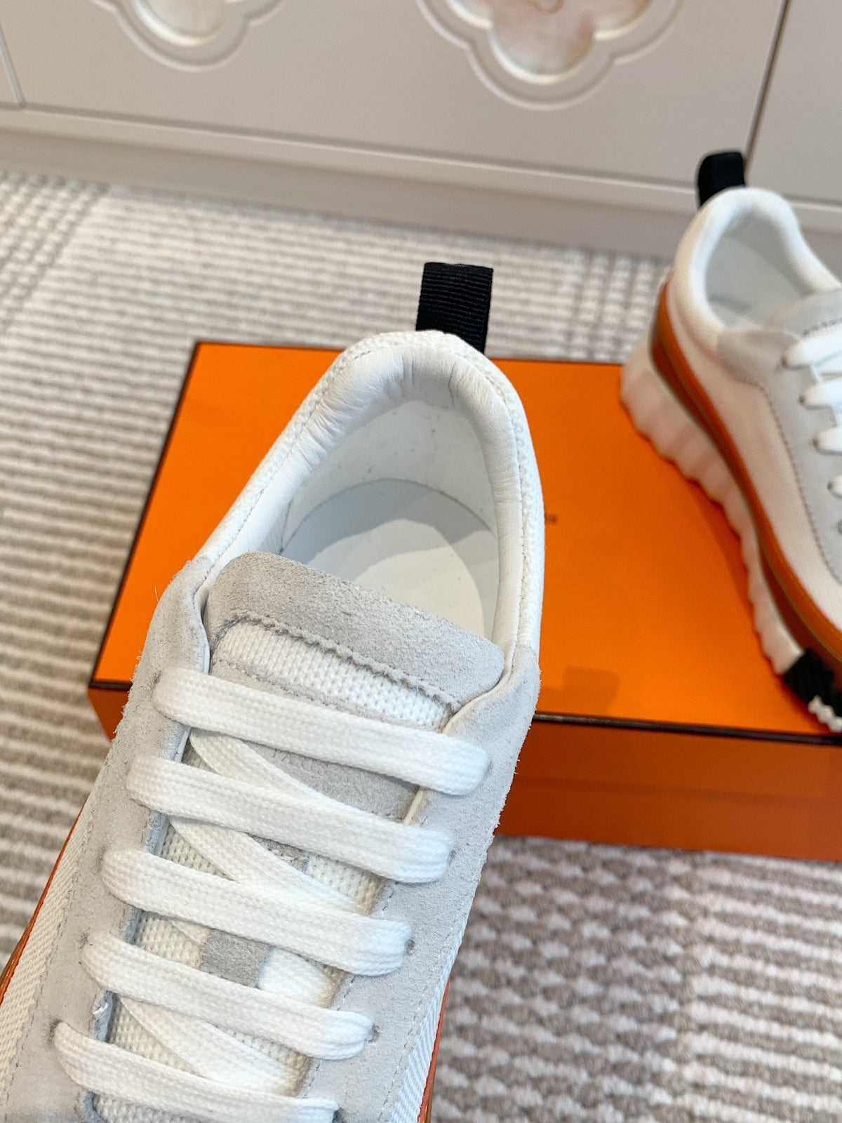 Hermes Bouncing Sneaker in White Graphic Mesh and Bronze Brown Calfskin