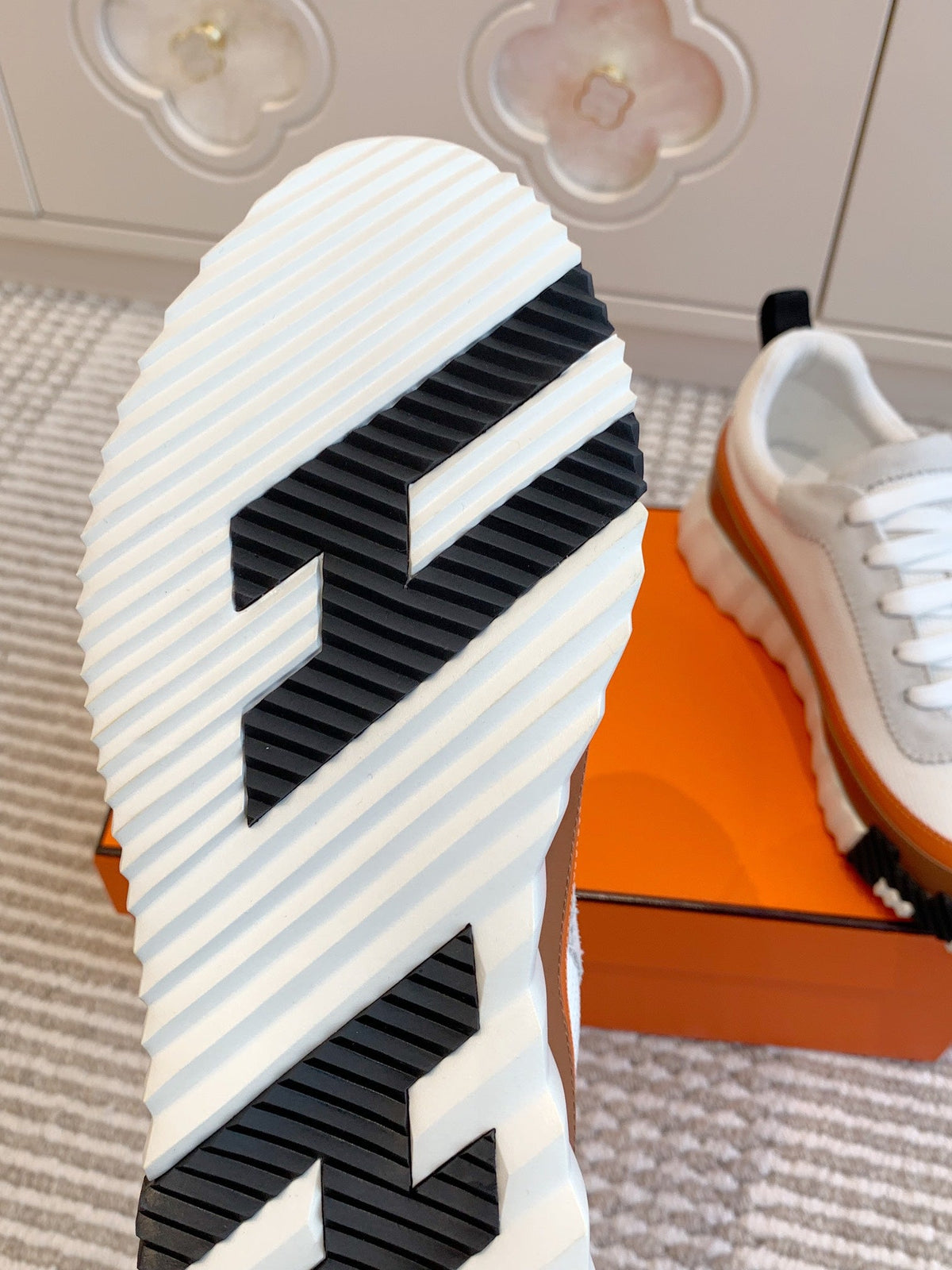 Hermes Bouncing Sneaker in White Graphic Mesh and Bronze Brown Calfskin