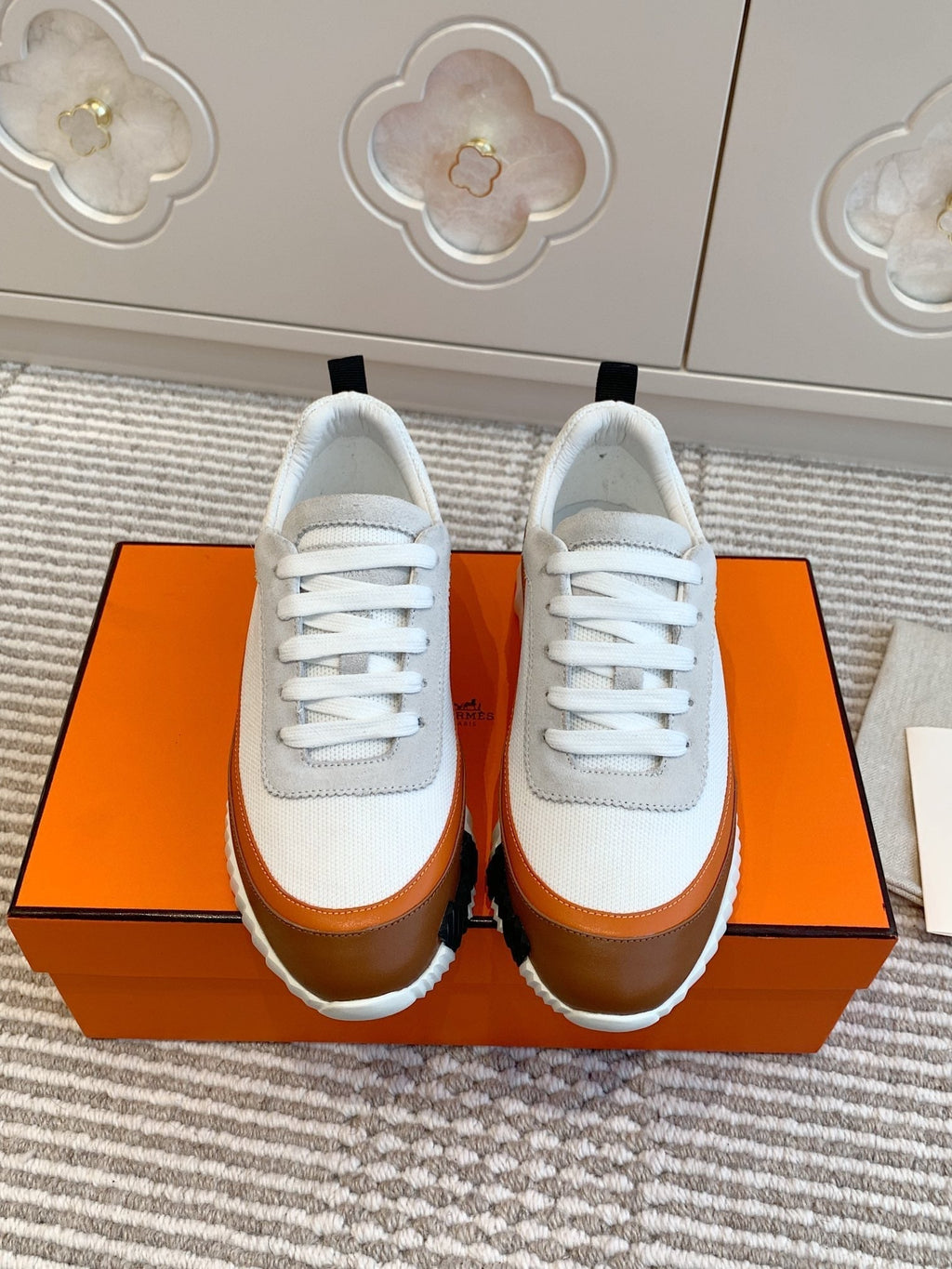 Hermes Bouncing Sneaker in White Graphic Mesh and Bronze Brown Calfskin