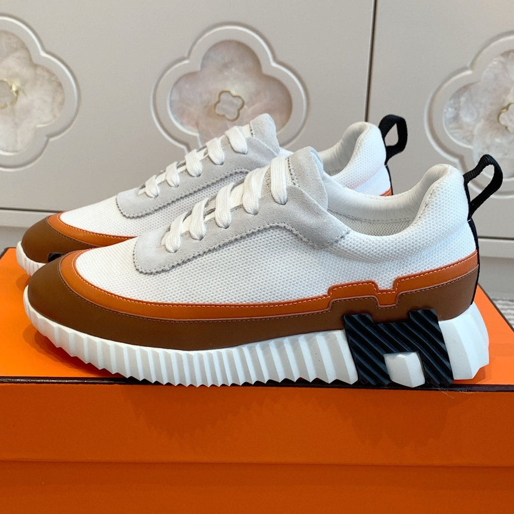 Hermes Bouncing Sneaker in White Graphic Mesh and Bronze Brown Calfskin