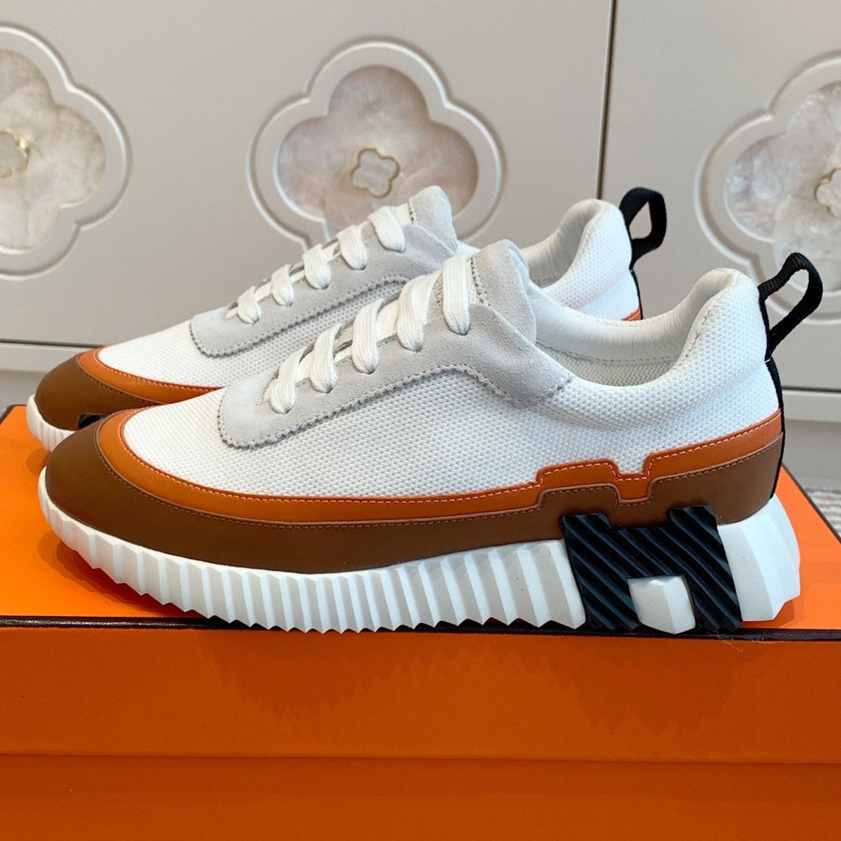 Hermes Bouncing Sneaker in White Graphic Mesh and Bronze Brown Calfskin