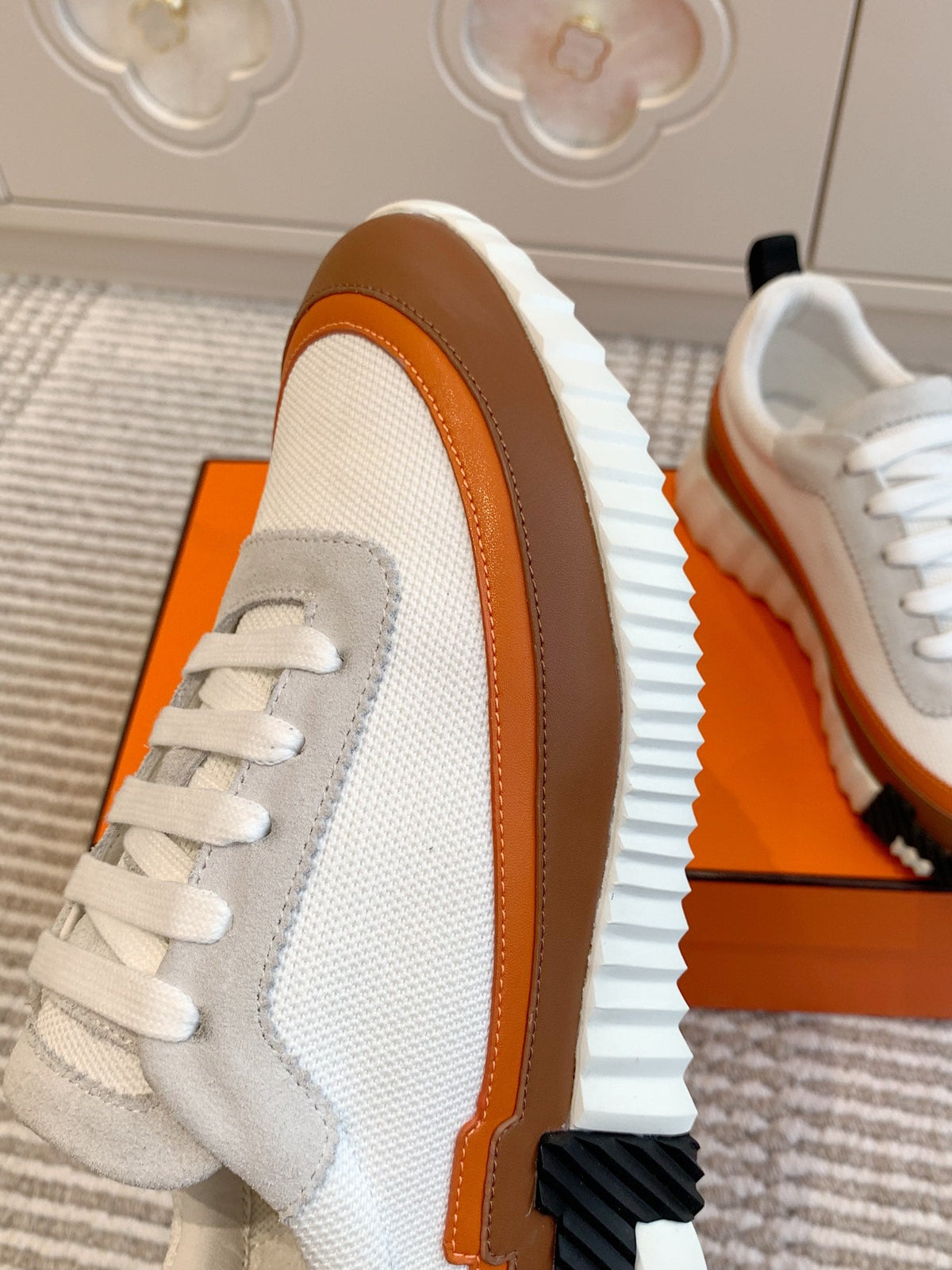Hermes Bouncing Sneaker in White Graphic Mesh and Bronze Brown Calfskin