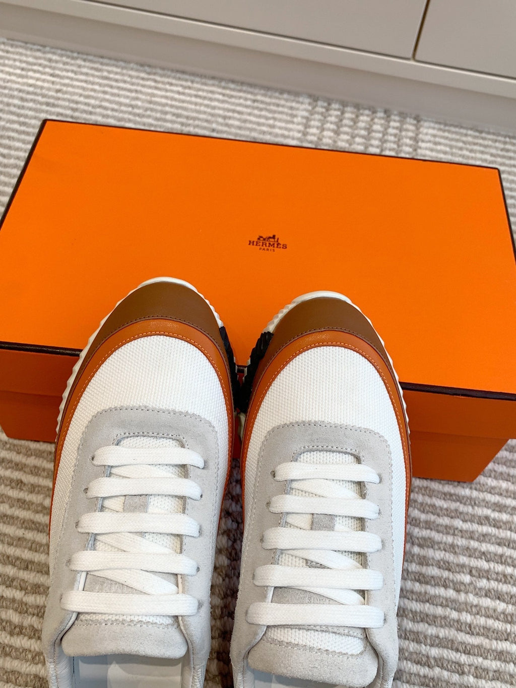 Hermes Bouncing Sneaker in White Graphic Mesh and Bronze Brown Calfskin