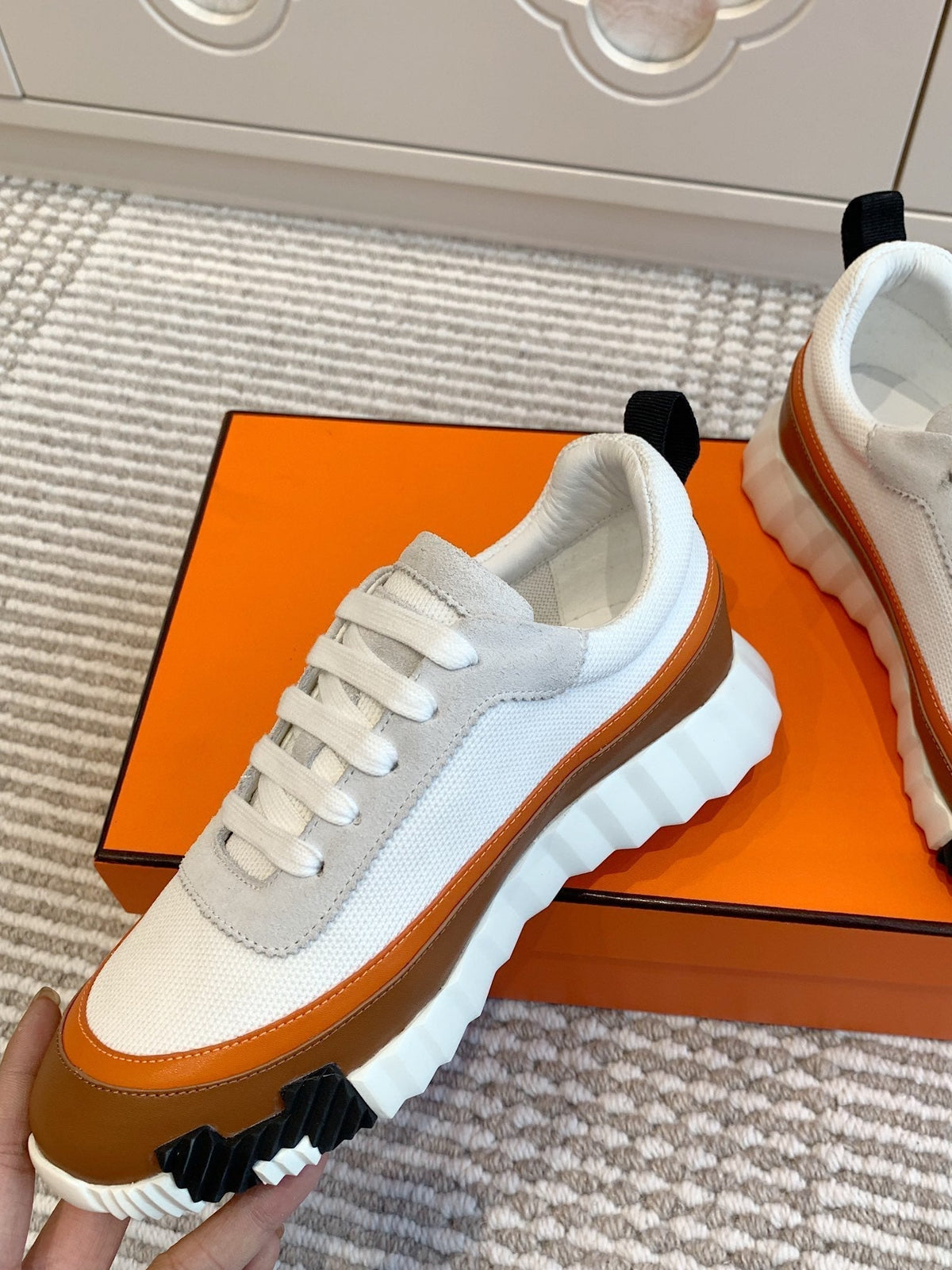 Hermes Bouncing Sneaker in White Graphic Mesh and Bronze Brown Calfskin