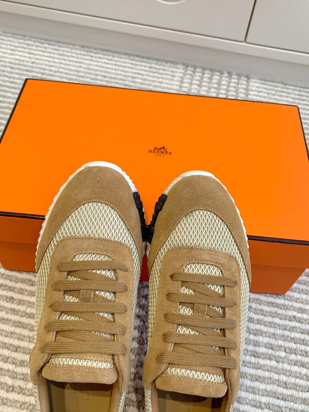 Hermes Bouncing Sneaker in Cider Brown Graphic Mesh and Suede