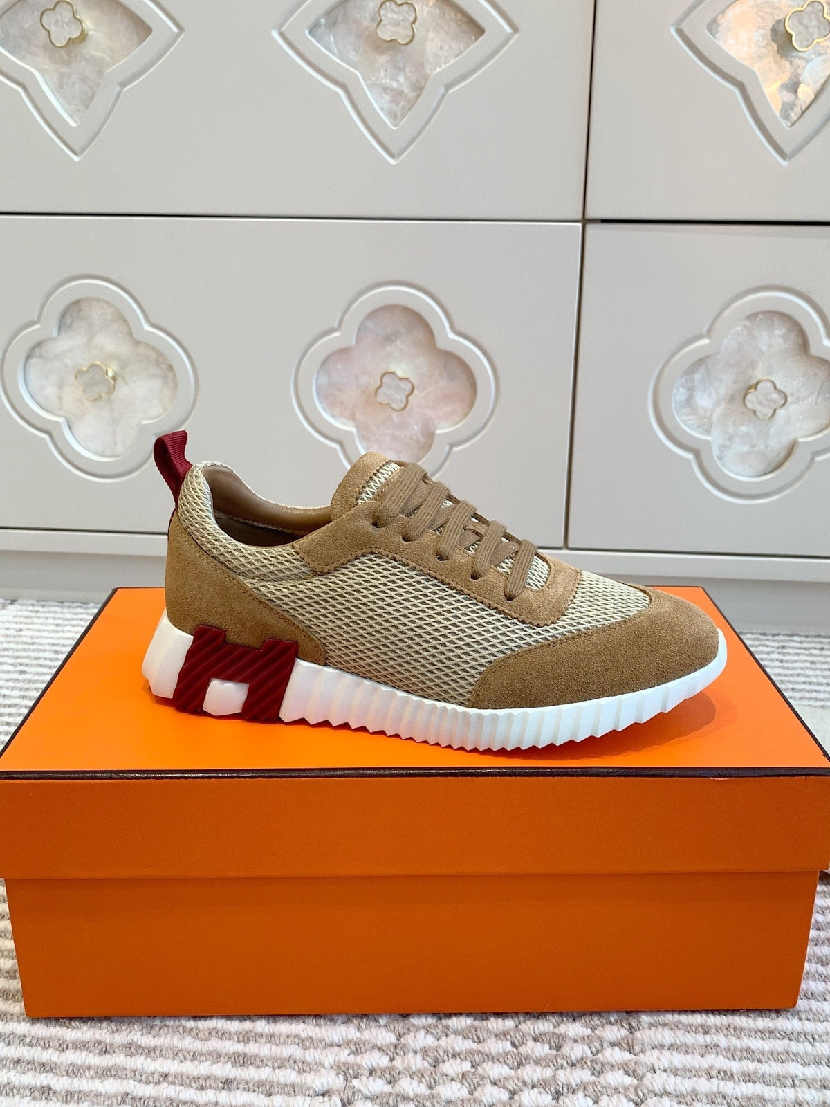 Hermes Bouncing Sneaker in Cider Brown Graphic Mesh and Suede