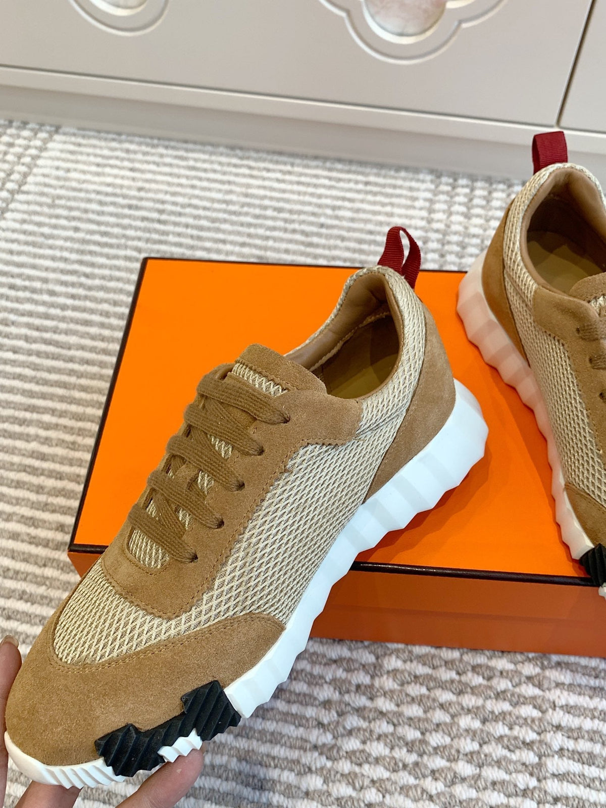 Hermes Bouncing Sneaker in Cider Brown Graphic Mesh and Suede