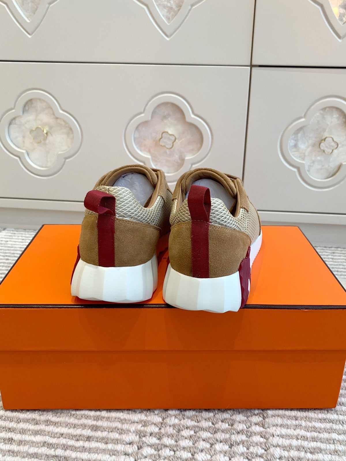 Hermes Bouncing Sneaker in Cider Brown Graphic Mesh and Suede