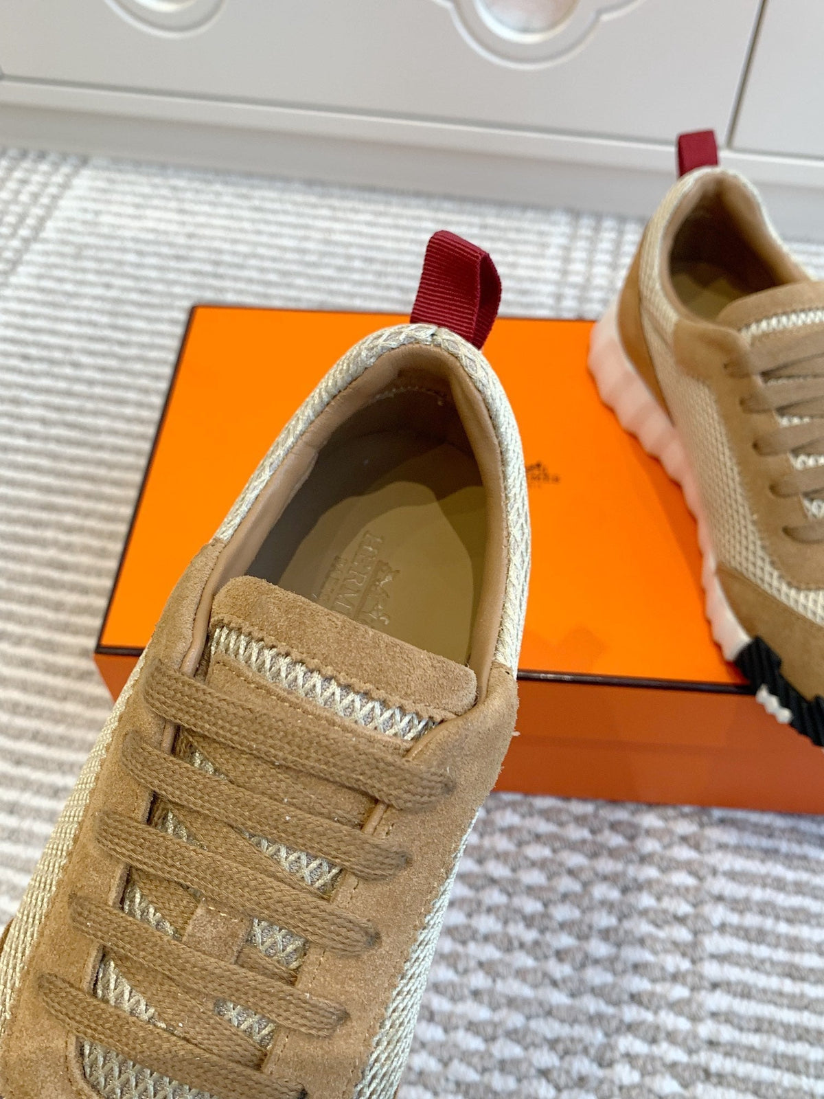 Hermes Bouncing Sneaker in Cider Brown Graphic Mesh and Suede