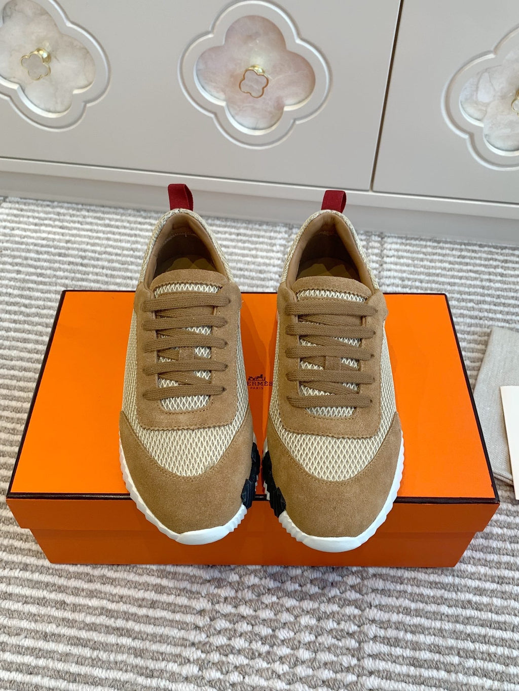Hermes Bouncing Sneaker in Cider Brown Graphic Mesh and Suede