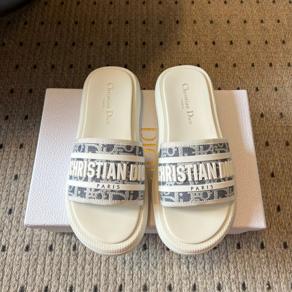 Dior CD Dway Slides White Rubber Toile de Jouy Embroidery