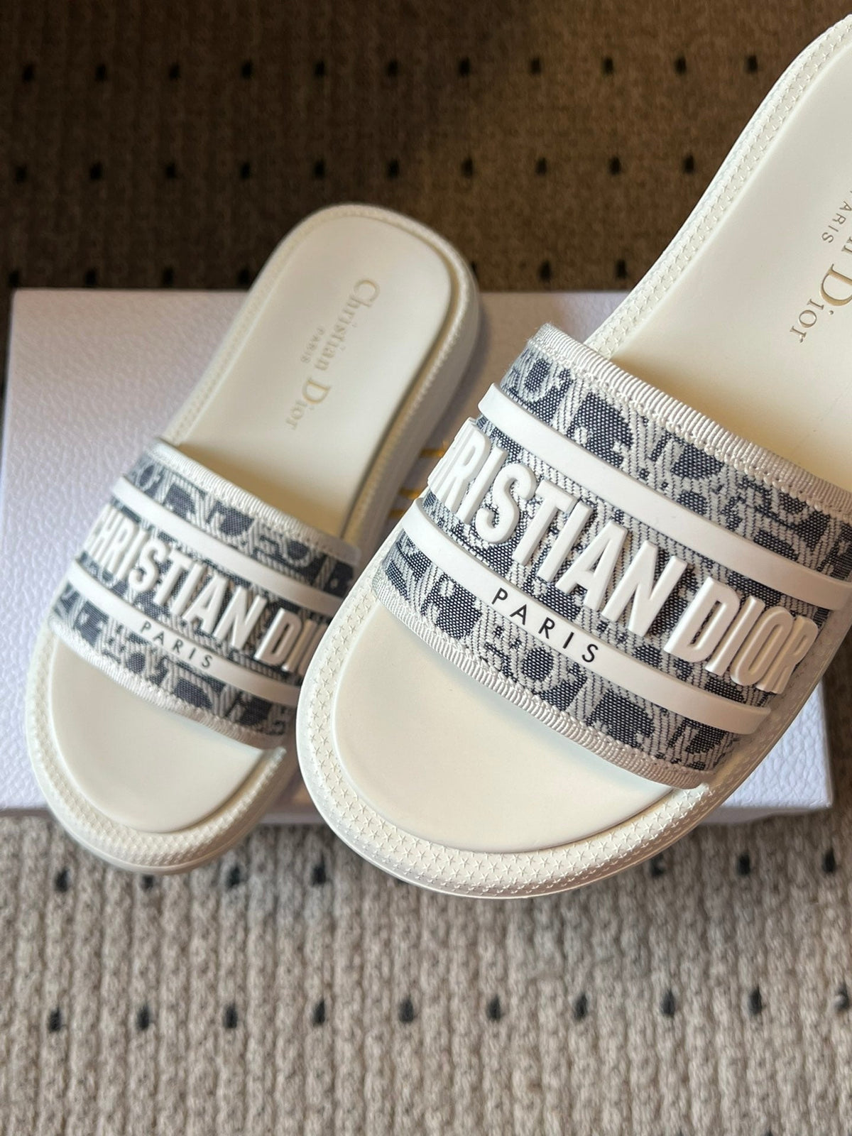 Dior CD Dway Slides White Rubber Toile de Jouy Embroidery