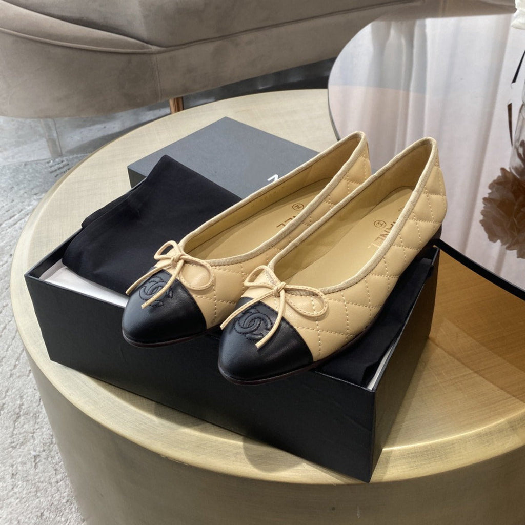Chanel Ballet Flats Beige Black Quilted Lambskin