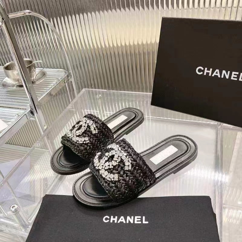 Chanel Slippers Black Calfskin Logo