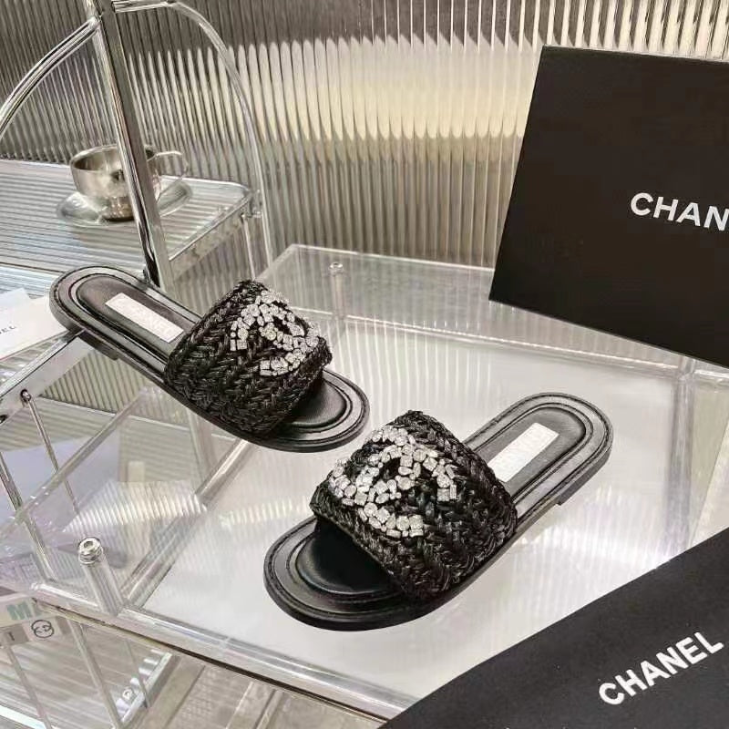 Chanel Slippers Black Calfskin Logo