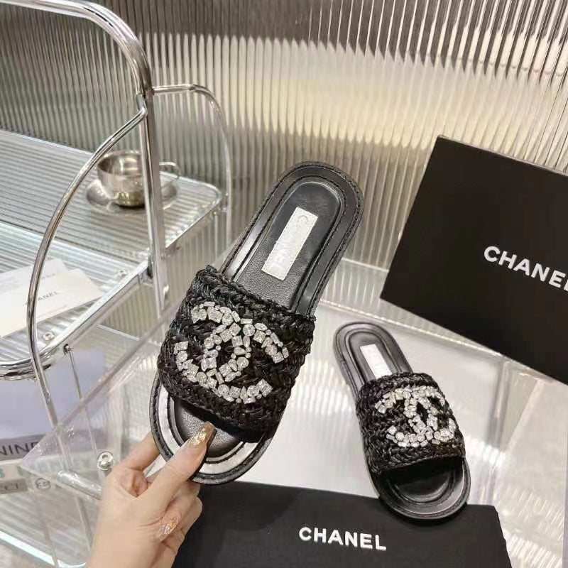 Chanel Slippers Black Calfskin Logo