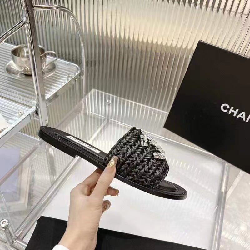 Chanel Slippers Black Calfskin Logo