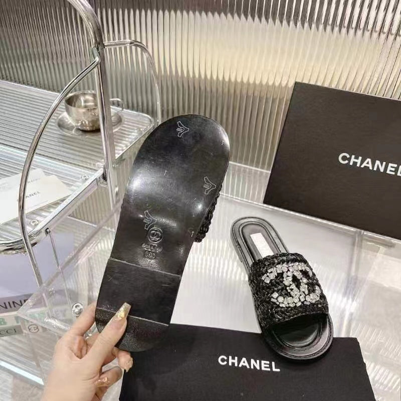 Chanel Slippers Black Calfskin Logo